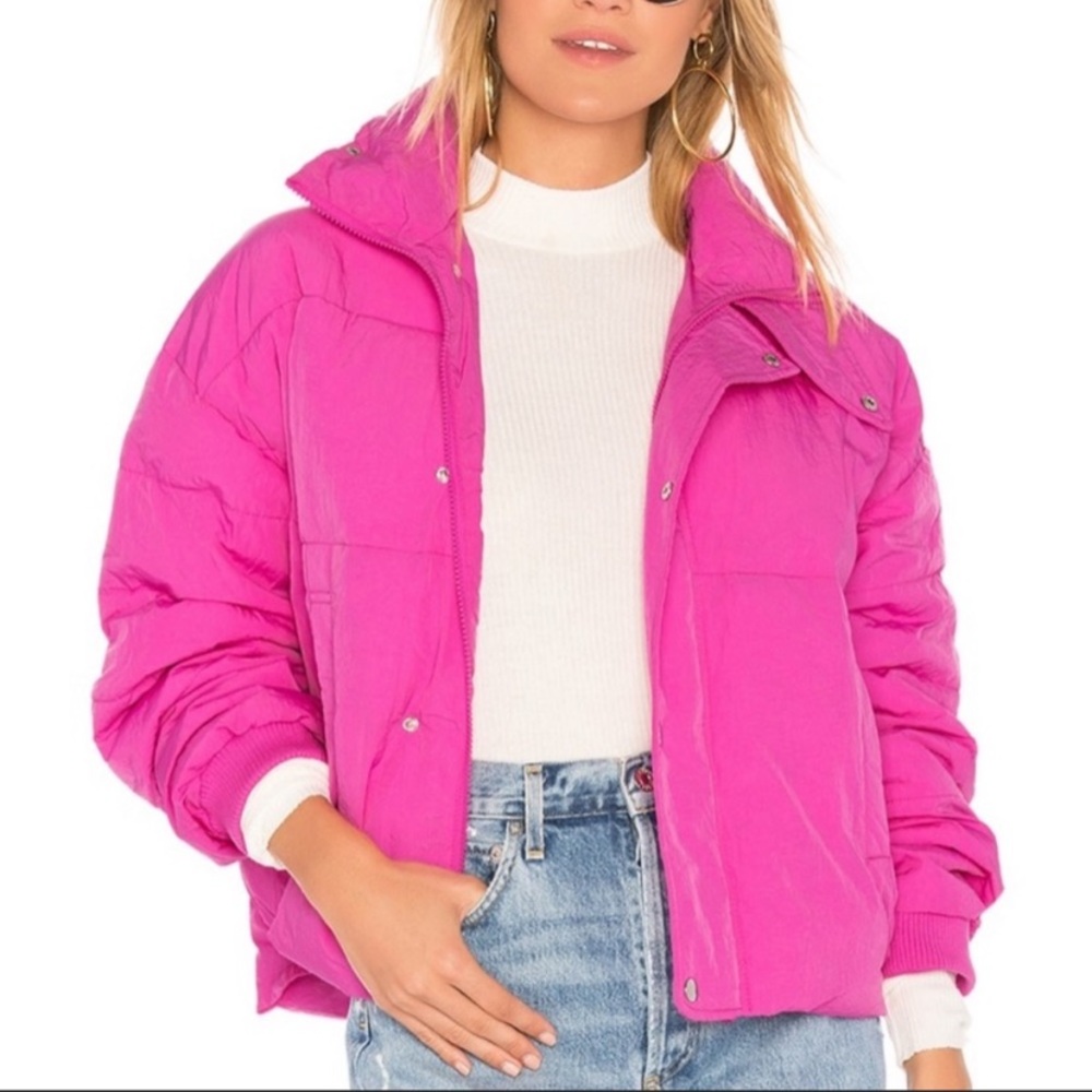 Free People Puffer Jacket Cold Rush Pink Cropped Bright Winter Adjustable Waist